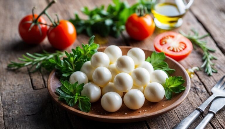 Mozzarella balls on a wooden plate with tomatoes, herbs, and olive oil