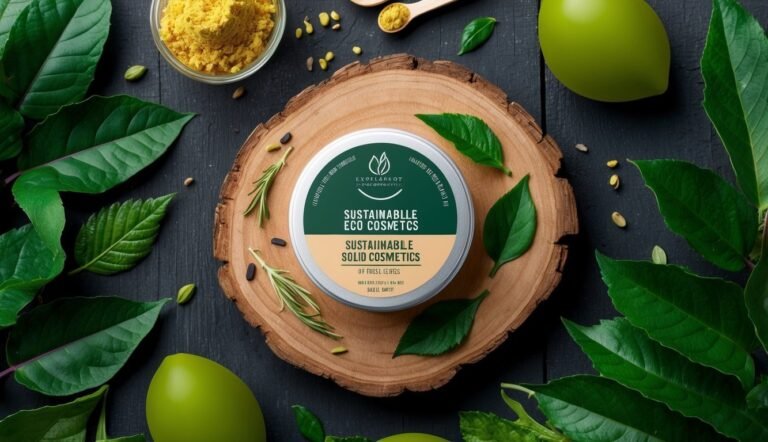 Sustainable solid cosmetics tin on wood with leaves and ingredients