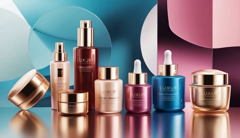 Cosmetic product bottles and jars with gold lids, arranged on a reflective surface