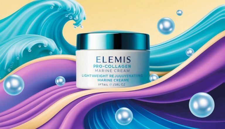 Elemis Pro-Collagen Marine Cream jar with waves and pearls background