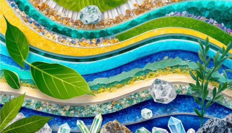 Abstract art with layers of color, crystals, leaves, and stones
