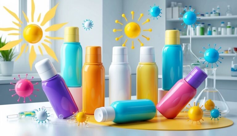 Colorful bottles and virus illustrations, possibly representing sun protection