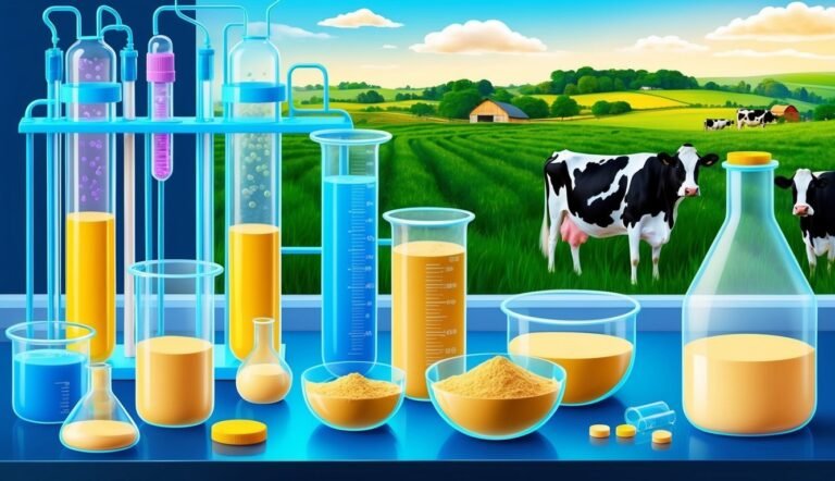 Laboratory beakers and cows in a field, representing dairy science