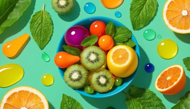 Kiwi, orange, and mint with colorful drops on a teal background