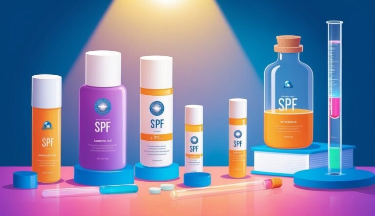 Sunscreen bottles and lab equipment arranged on a blue and pink surface
