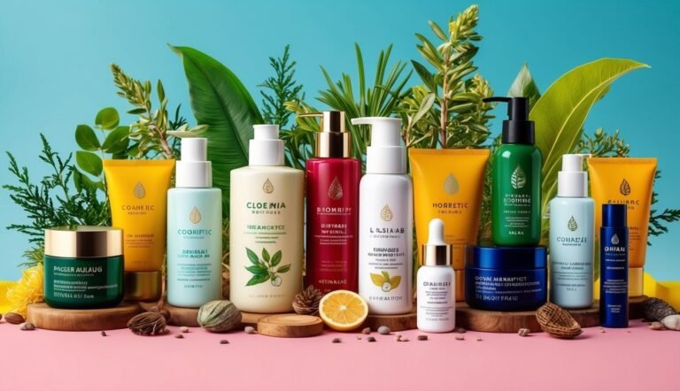 Various skincare products arranged with leaves and natural elements on a wooden surface