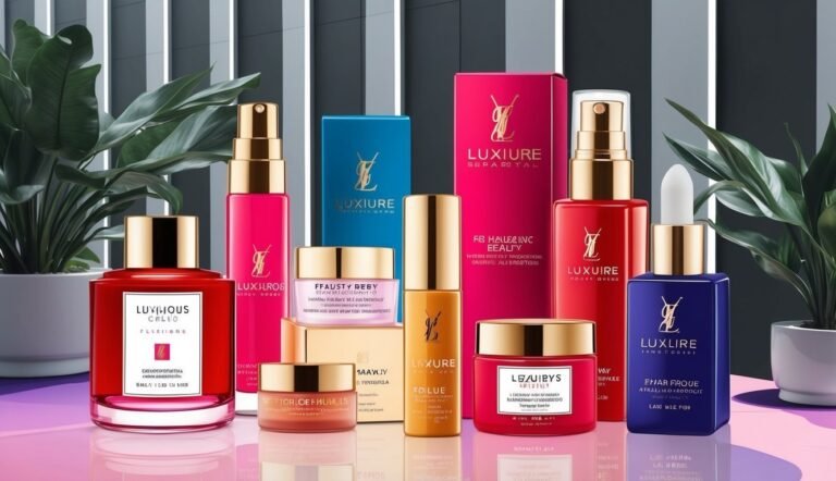 Cosmetic products, including bottles and jars, arranged on a reflective surface