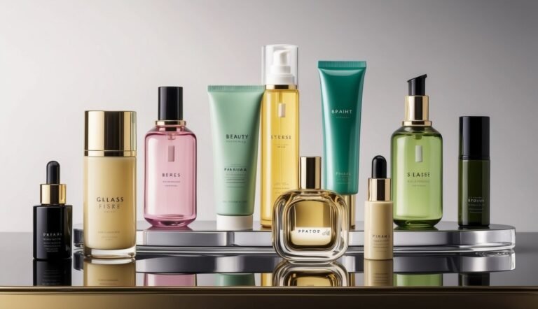 Assortment of luxury skincare products in various bottles and tubes on a reflective surface