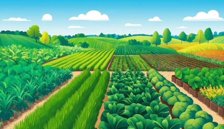 Cartoon illustration of a vibrant farm field with various crops under a blue sky