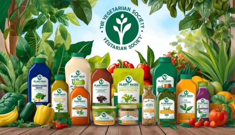 Vegetarian Society products with fruits and vegetables, surrounded by greenery