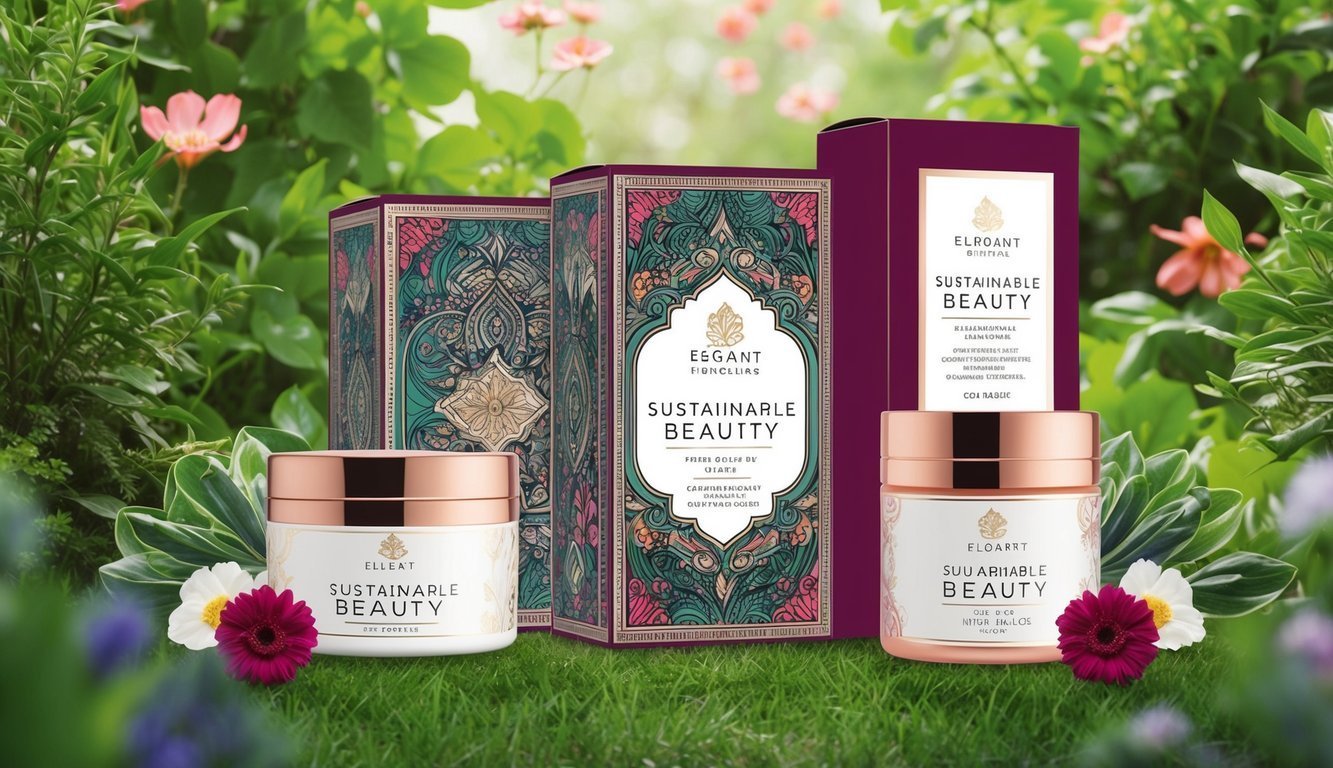 Cosmetic jars and boxes with "Sustainable Beauty" branding, surrounded by flowers