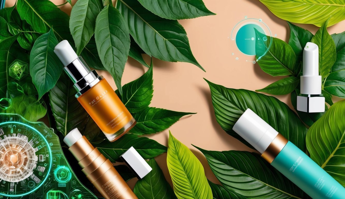 Skincare products arranged with green leaves on a neutral background