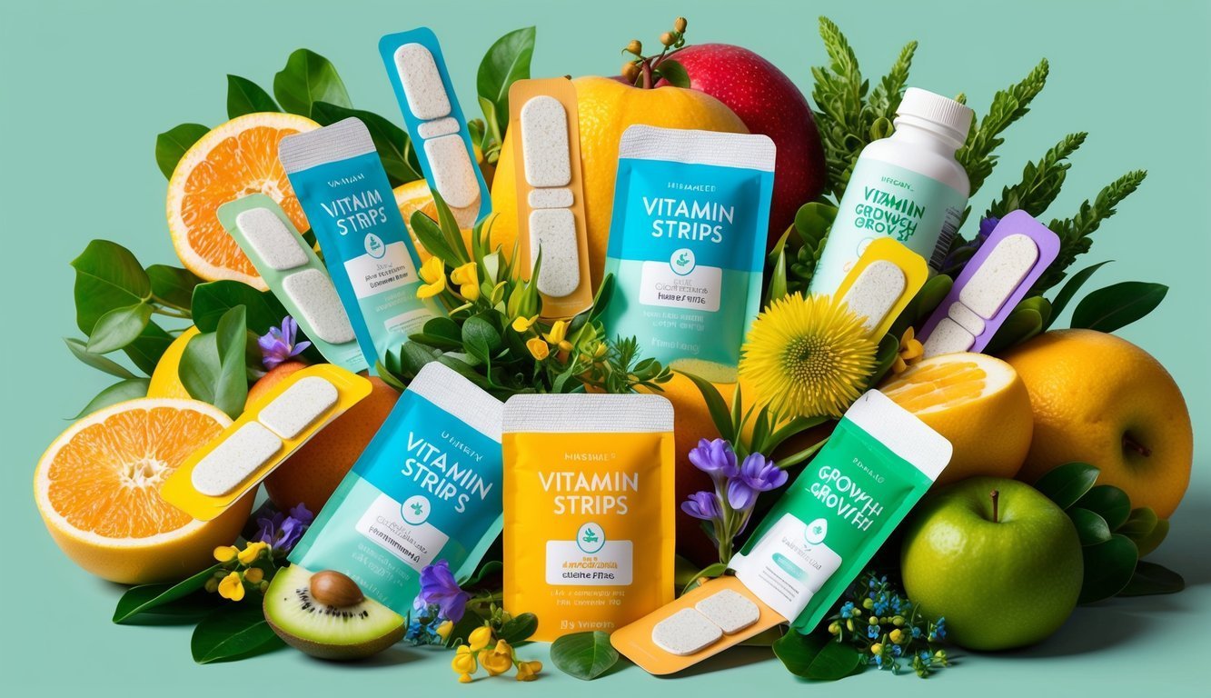 Vitamin strips and fruit arranged together in a colorful, healthy display