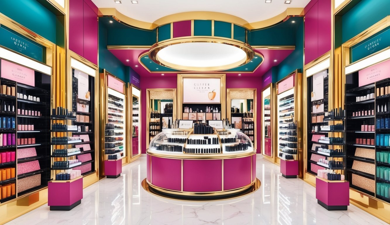 Luxurious cosmetics store interior with pink, gold, and teal color scheme