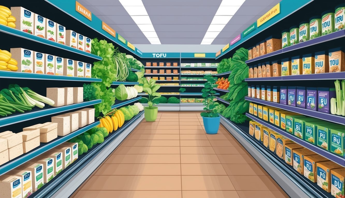 Cartoon illustration of a grocery store aisle with produce and tofu