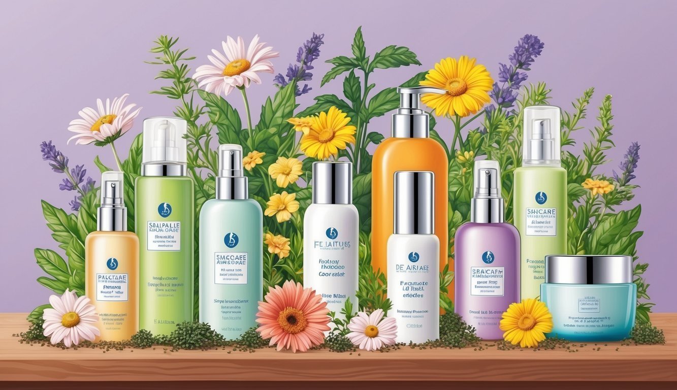 Cosmetic products with floral background, including bottles, jars, and flowers