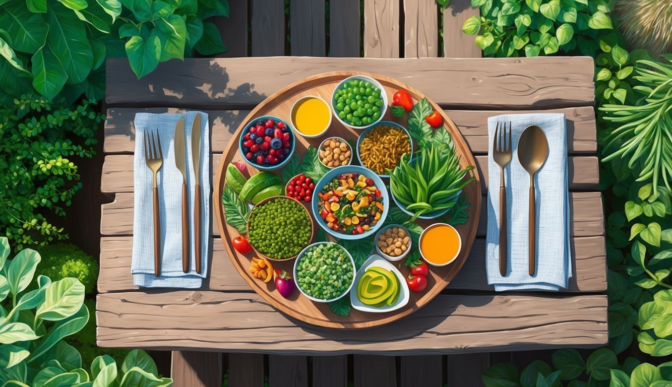 Overhead view of a wooden table with a healthy meal and cutlery