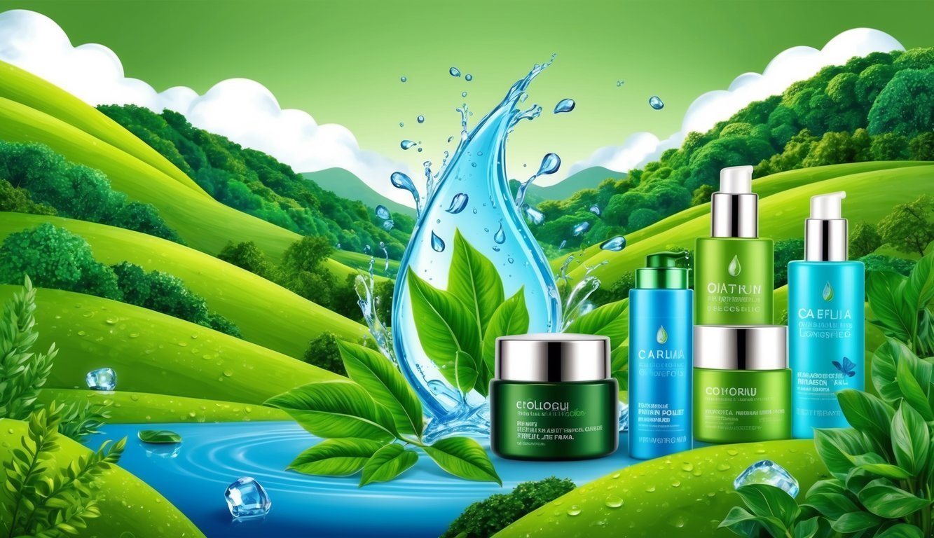 Cosmetic products with water droplet and green landscape background