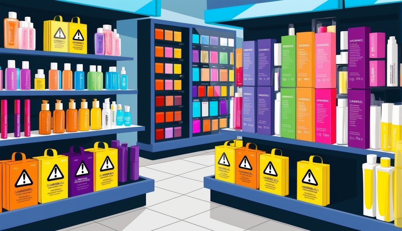 Cosmetics store interior with shelves of products and hazard warning bags