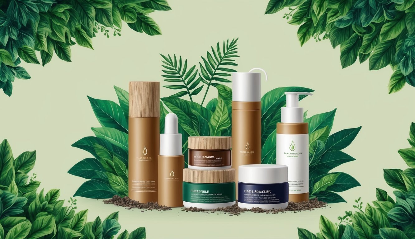 Cosmetic products with green leaves background, promoting natural skincare
