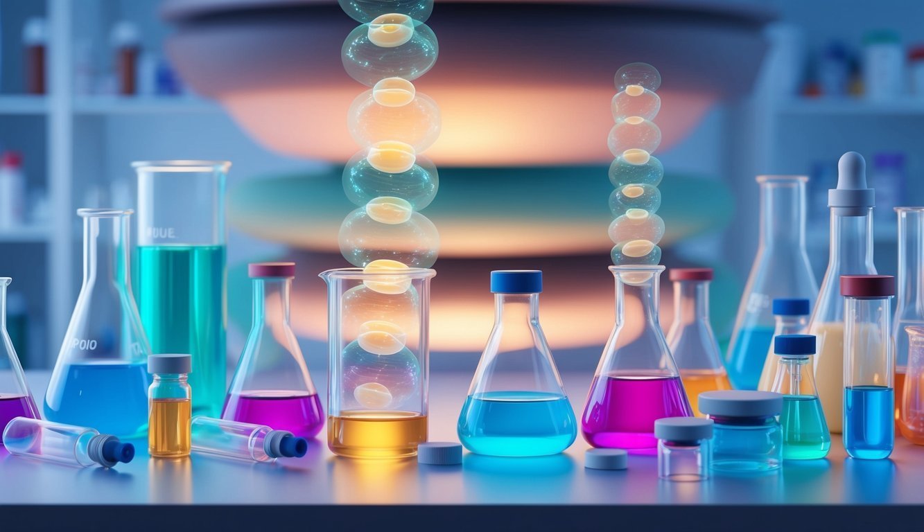 Laboratory glassware with colorful liquids and floating cell-like structures