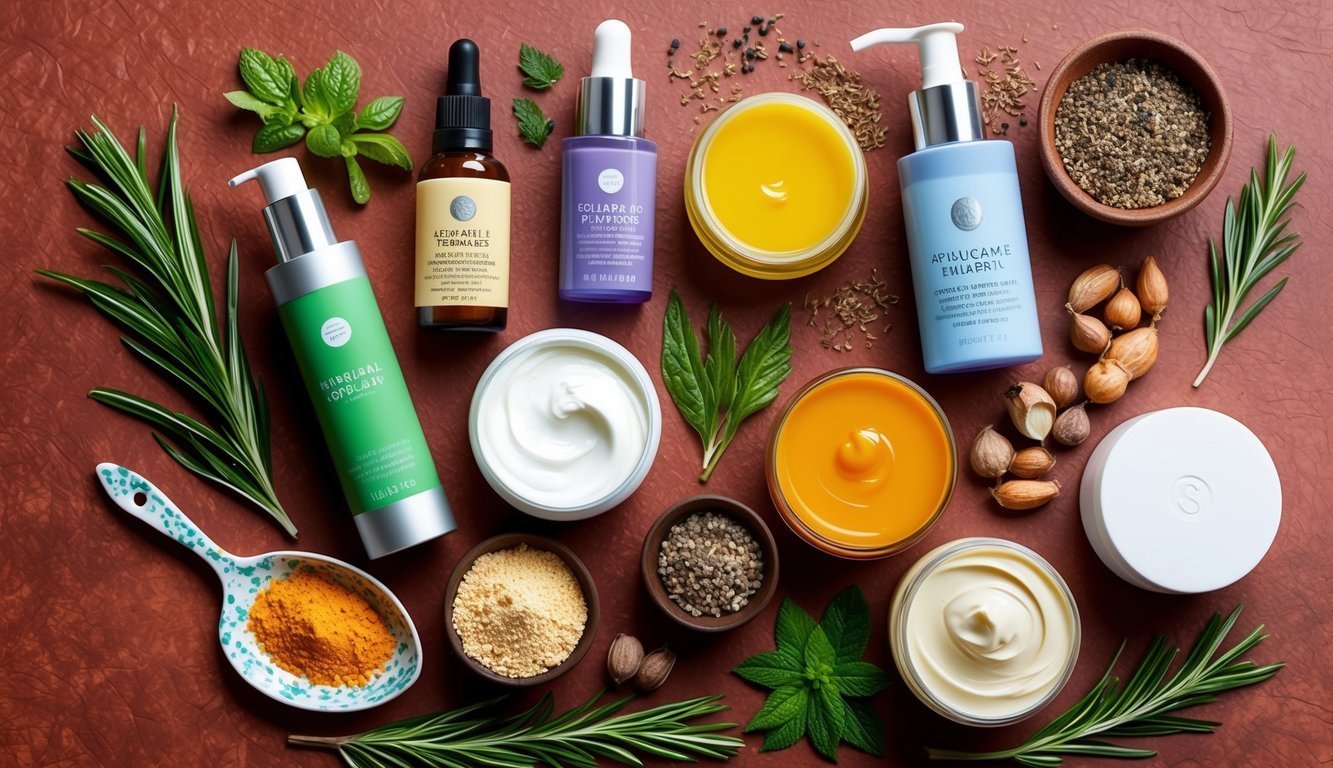 Cosmetic products, herbs, and spices arranged on a textured, reddish-brown surface