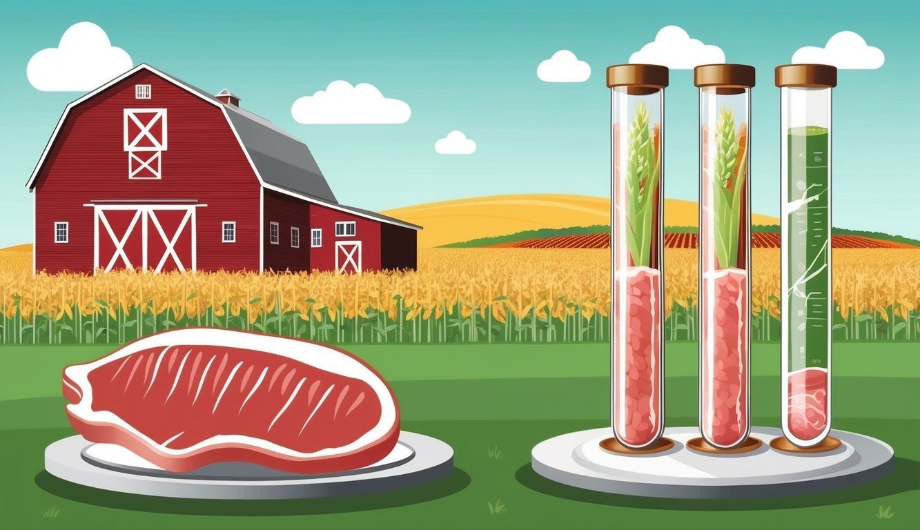 Red barn, steak, and test tubes with crops, representing food science