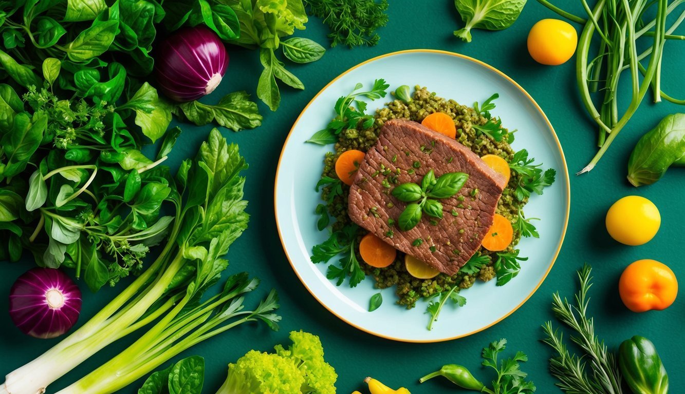Steak with vegetables on a plate, surrounded by fresh produce