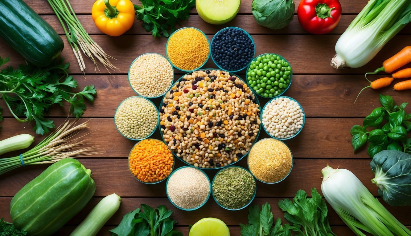 Various grains and vegetables arranged on a wooden surface, top view