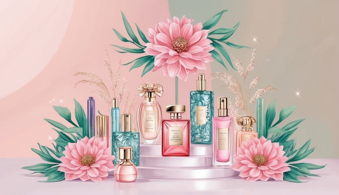 Perfume bottles arranged with flowers on a pink background