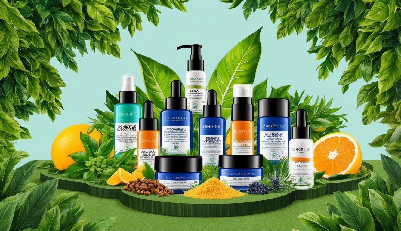 Cosmetic products arranged with oranges, leaves, and other natural elements