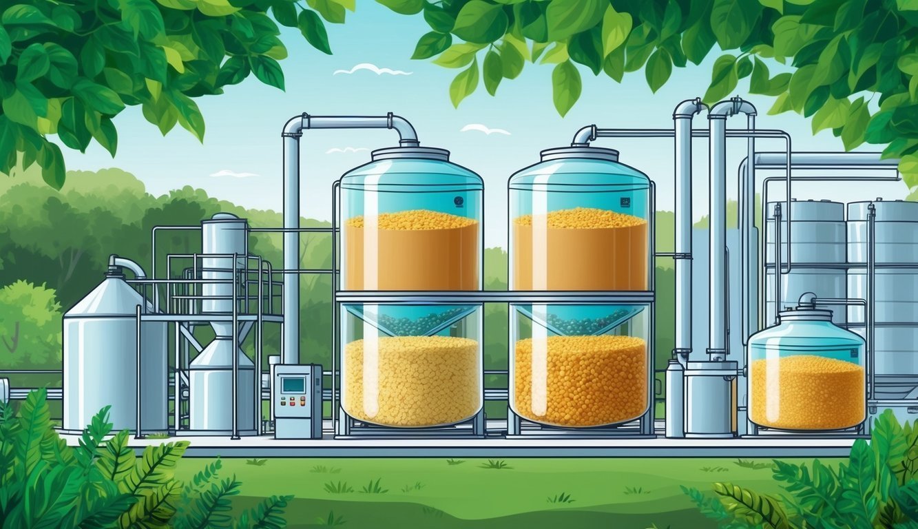 Illustration of a plant processing grains in large transparent tanks