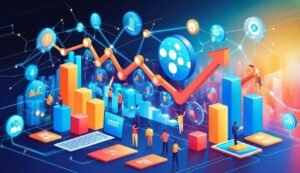 Abstract illustration of data analysis with charts, people, and a rising arrow