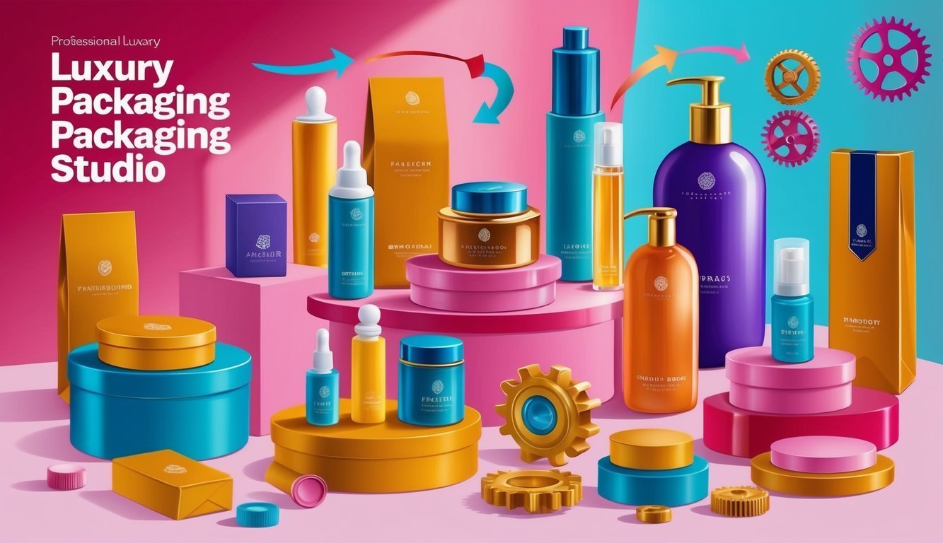 Luxury packaging studio display of cosmetic bottles, boxes, and jars