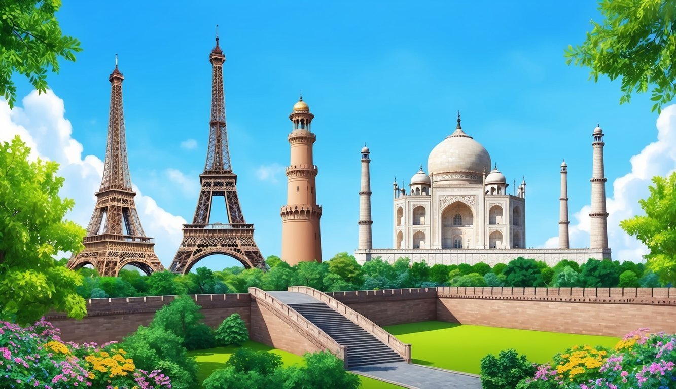 Eiffel Towers, minarets, and Taj Mahal against a blue sky