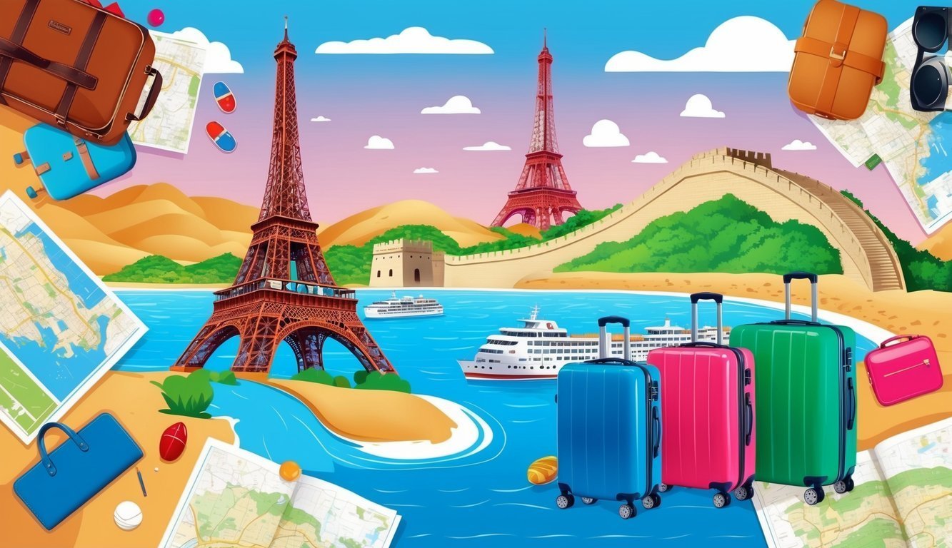 Cartoon illustration of travel with Eiffel Towers, Great Wall, and luggage