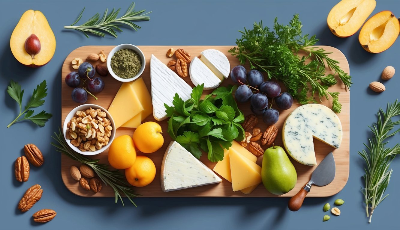 Cheese board with fruit, nuts, herbs, and various cheeses on a blue surface