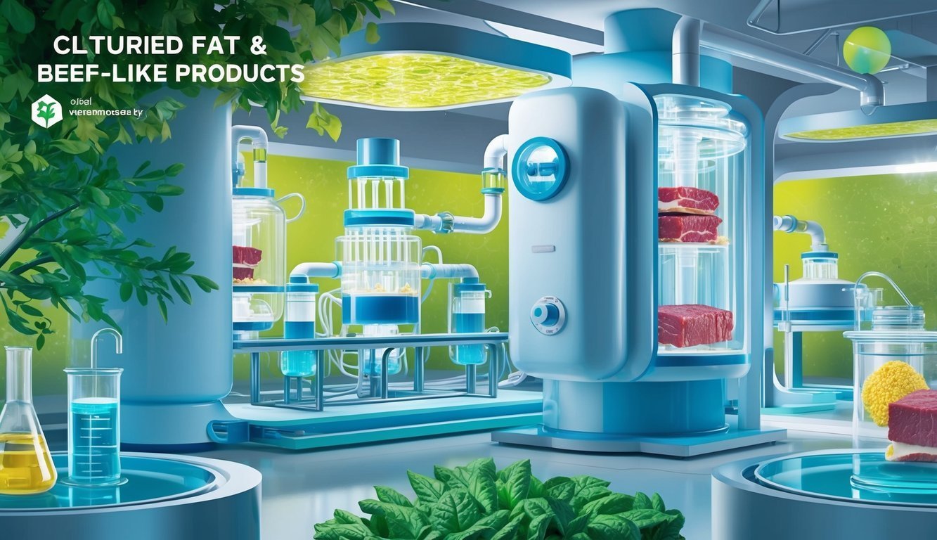 Laboratory setup with cultured meat and beef-like products in glass containers