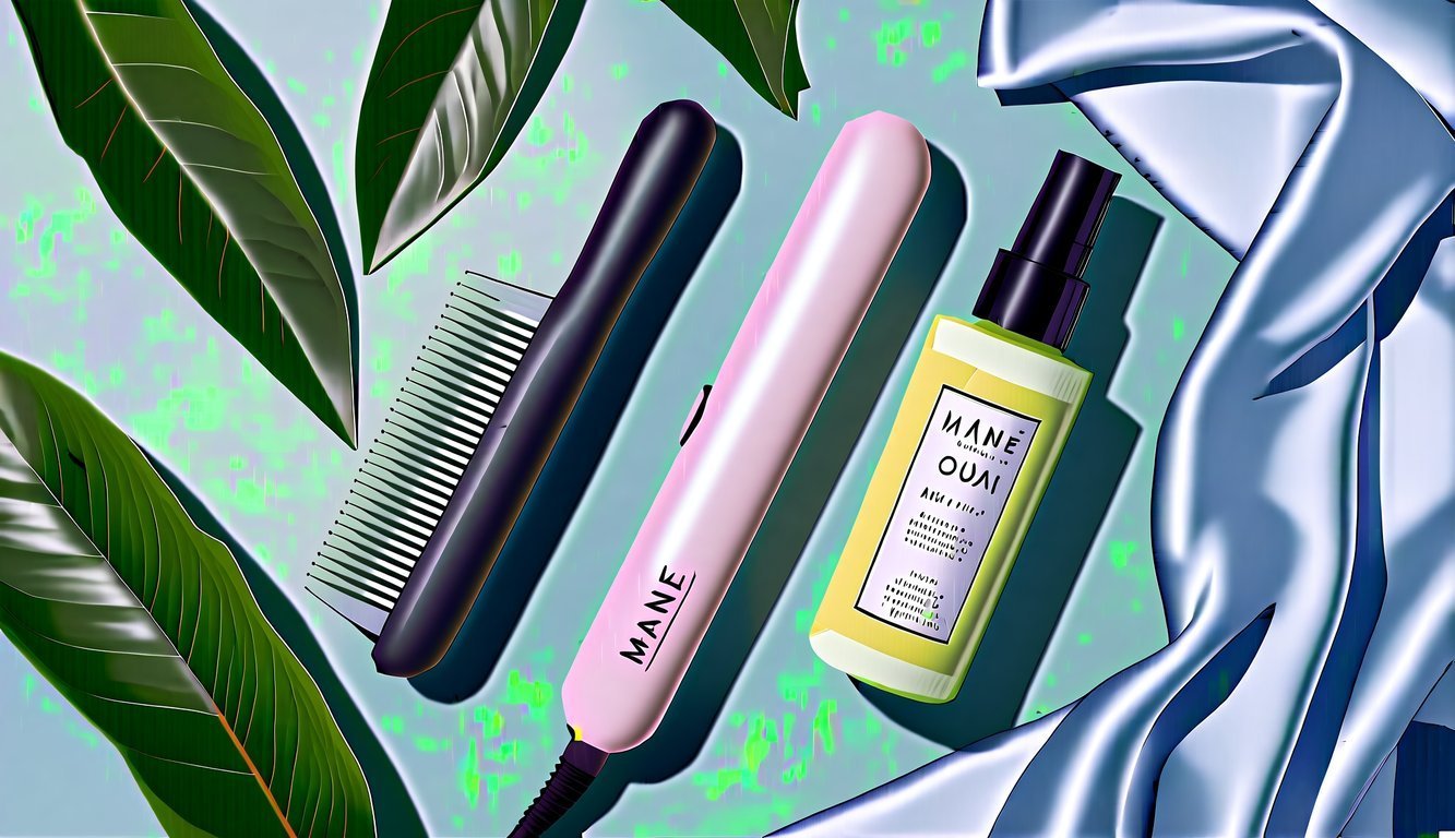 Hair styling tools, Ouai hair product, and leaves on a blue background