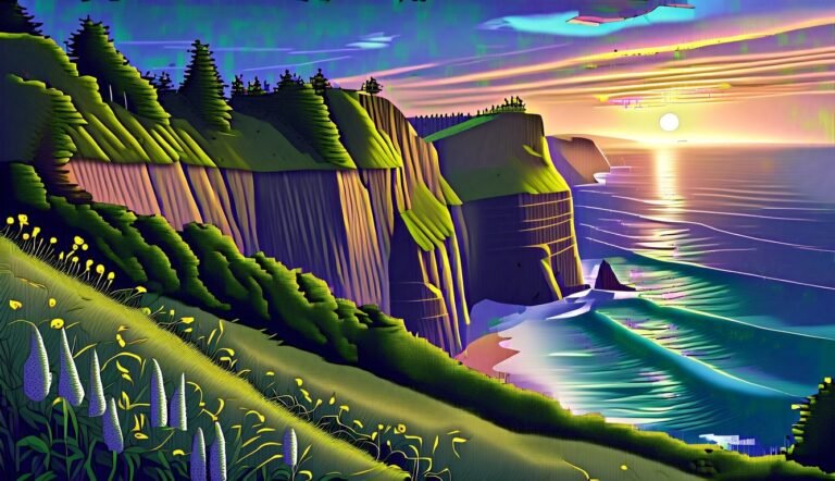 Coastal cliffs with trees, flowers, and a sunset over the ocean