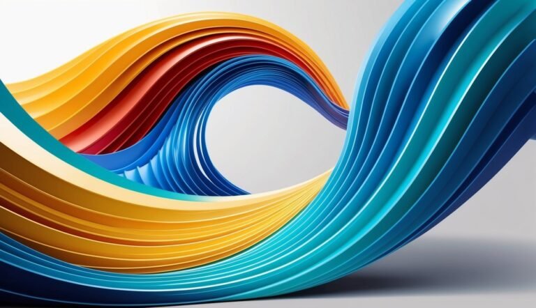 Abstract image of colorful, wavy, layered ribbons in shades of blue, red, and yellow