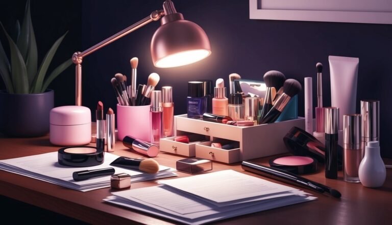 Makeup and brushes on a desk, lit by a desk lamp