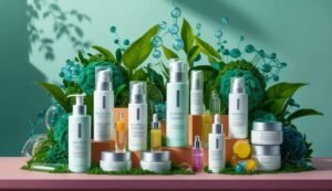 Cosmetic products arranged with green leaves and molecular structures on a pink surface