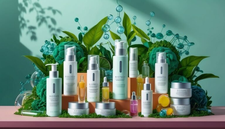 Cosmetic products arranged with green leaves and molecular structures on a pink surface