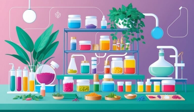 Stylized laboratory with colorful liquids, plants, and glassware on shelves