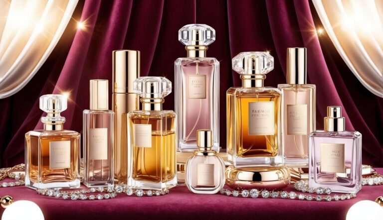 Collection of elegant perfume bottles with gold accents on a velvet surface