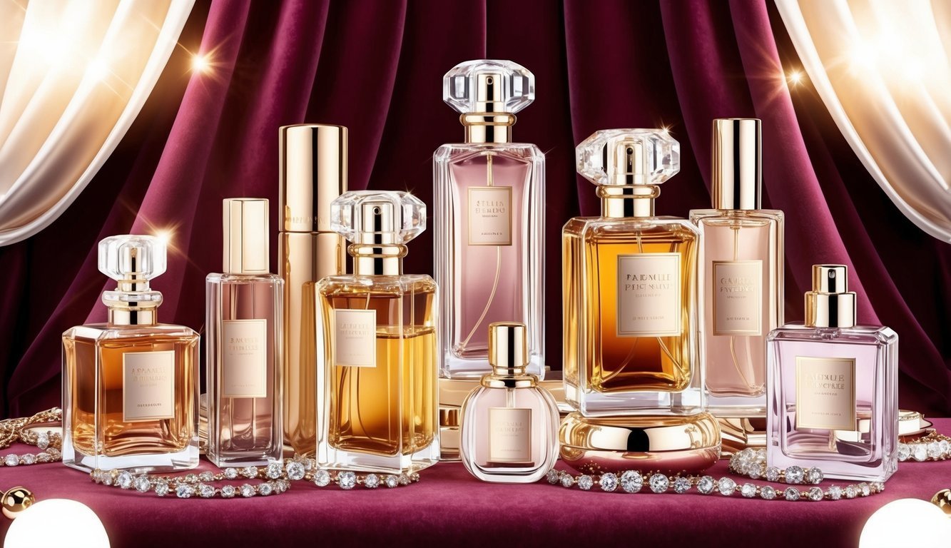 Collection of elegant perfume bottles with gold accents on a velvet surface