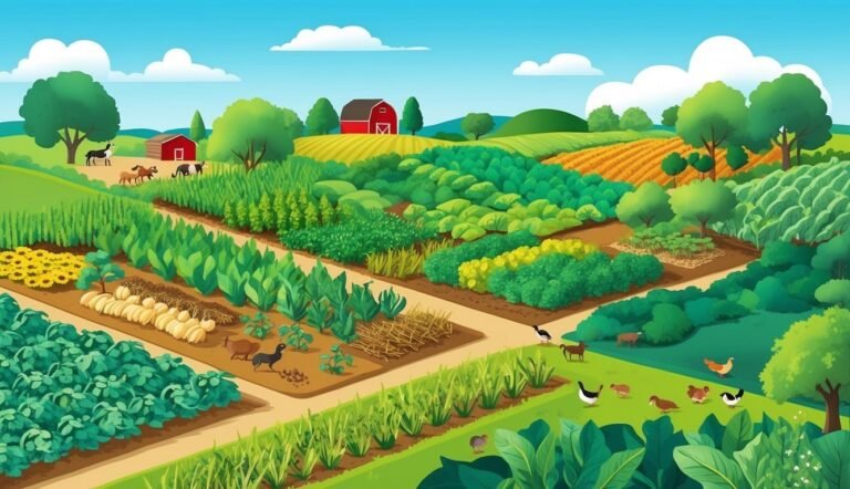 Cartoon illustration of a farm with crops, animals, and a red barn