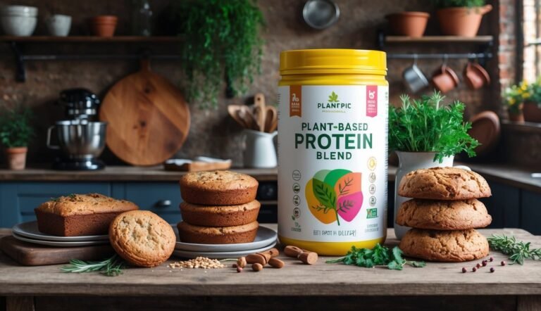 Plant-based protein blend with baked goods on a wooden kitchen table