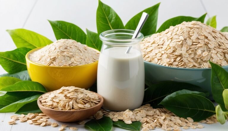 Oatmeal in bowls with milk and green leaves on a white surface